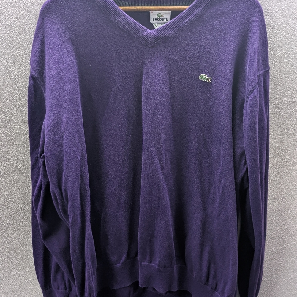 Lacoste Purple Knit Cotton V-Neck Pullover Sweater | Large